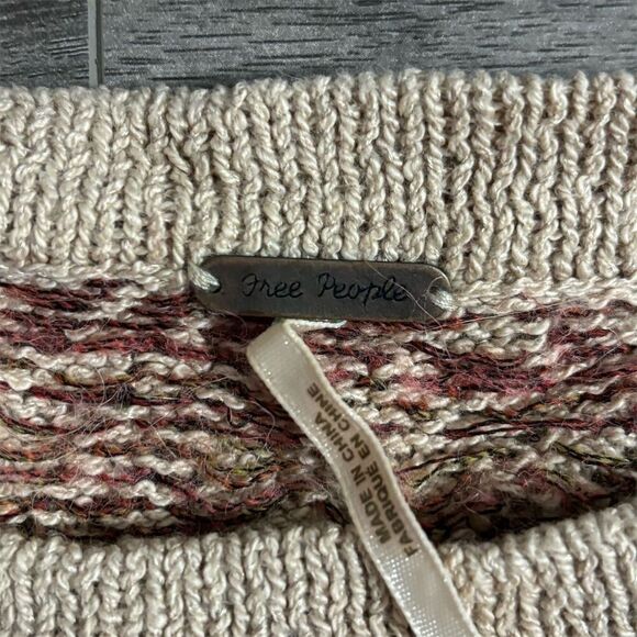 Free People XS Beige Boho Knit Bell Sleeve Tunic Dress Red Rose Floral - Picture 5 of 6